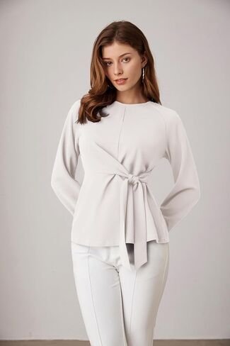 GRACE KARIN 2024 Women's Elegant Peplum Tops Tie Front Long Sleeve Shirts Dressy Casual Blouses Work Tunic Tops in Saudi Arabia