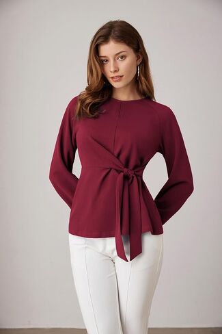 GRACE KARIN 2024 Women's Elegant Peplum Tops Tie Front Long Sleeve Shirts Dressy Casual Blouses Work Tunic Tops in Saudi Arabia