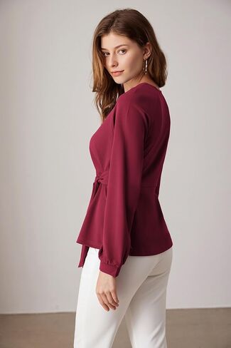 GRACE KARIN 2024 Women's Elegant Peplum Tops Tie Front Long Sleeve Shirts Dressy Casual Blouses Work Tunic Tops in Saudi Arabia