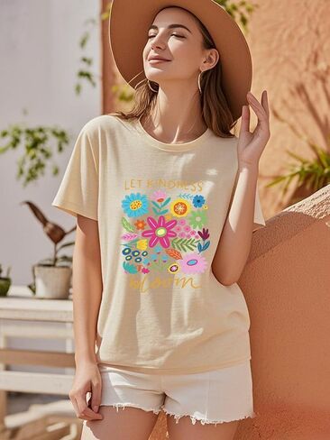 Womens Vintage Flowers Shirts Let Kindness Bloom Be Kind Floral Wildflowers Graphic Tee Casual Short Sleeve Tops in Kuwait