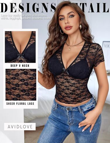 Avidlove Lace Tops Womens Short Sleeve V Neck Sexy See Through Tee Shirts Y2K Mesh Top Party Club Night Blouse S-XXL in Saudi Arabia