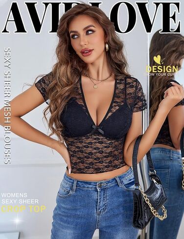 Avidlove Lace Tops Womens Short Sleeve V Neck Sexy See Through Tee Shirts Y2K Mesh Top Party Club Night Blouse S-XXL in Saudi Arabia