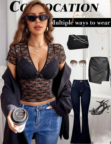 Avidlove Lace Tops Womens Short Sleeve V Neck Sexy See Through Tee Shirts Y2K Mesh Top Party Club Night Blouse S-XXL in Saudi Arabia