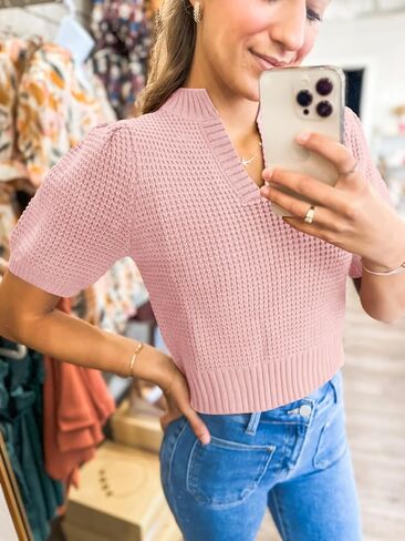 Saodimallsu نساء نفخة قصيرة الأكمام سترة أعلى وافل متماسكة ضد الربيع الربيع in Kuwait