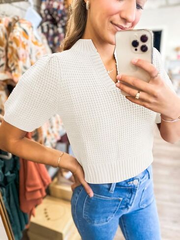 Saodimallsu Womens Puff Short Sleeve Sweater Top Waffle Knit V Neck Spring Summer Cropped Trendy Cute Shirts Blouses in Kuwait