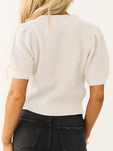 Saodimallsu Womens Puff Short Sleeve Sweater Top Waffle Knit V Neck Spring Summer Cropped Trendy Cute Shirts Blouses in Kuwait
