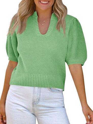 Saodimallsu Womens Puff Short Sleeve Sweater Top Waffle Knit V Neck Spring Summer Cropped Trendy Cute Shirts Blouses in Kuwait