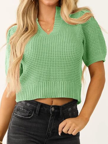 Saodimallsu Womens Puff Short Sleeve Sweater Top Waffle Knit V Neck Spring Summer Cropped Trendy Cute Shirts Blouses in Kuwait