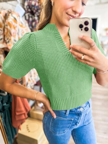 Saodimallsu Womens Puff Short Sleeve Sweater Top Waffle Knit V Neck Spring Summer Cropped Trendy Cute Shirts Blouses in Kuwait