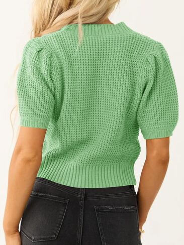 Saodimallsu Womens Puff Short Sleeve Sweater Top Waffle Knit V Neck Spring Summer Cropped Trendy Cute Shirts Blouses in Kuwait