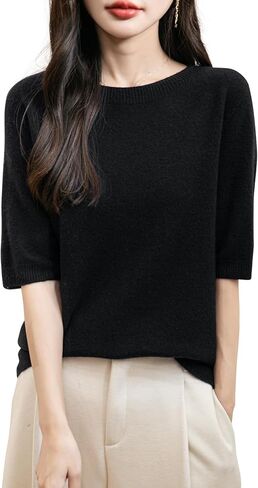 Women's 100% Merino Wool Spring Fall Winter First-Line Ready to Wear Seamless Knit Crewneck Short Sleeve Sweater in Kuwait