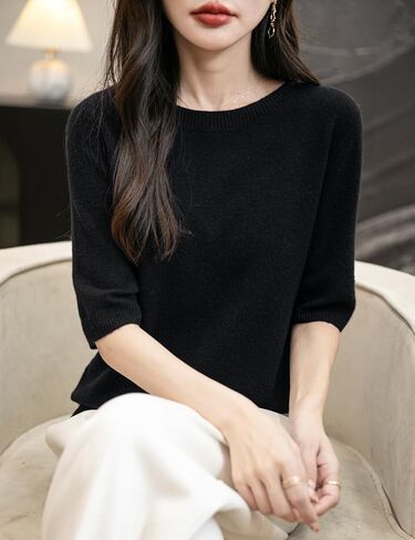 Women's 100% Merino Wool Spring Fall Winter First-Line Ready to Wear Seamless Knit Crewneck Short Sleeve Sweater in Kuwait