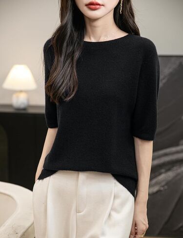 Women's 100% Merino Wool Spring Fall Winter First-Line Ready to Wear Seamless Knit Crewneck Short Sleeve Sweater in Kuwait