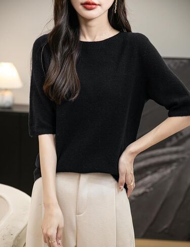 Women's 100% Merino Wool Spring Fall Winter First-Line Ready to Wear Seamless Knit Crewneck Short Sleeve Sweater in Kuwait