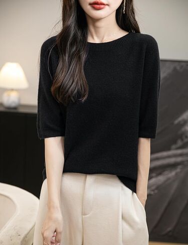 Women's 100% Merino Wool Spring Fall Winter First-Line Ready to Wear Seamless Knit Crewneck Short Sleeve Sweater in Kuwait