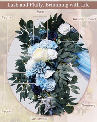 Wedding Arch Flowers Kit (Pack of 4), Flower Arrangement Kit Includes1 Large Flower Swag & 1 Small Flower Swag & 2 Sheer Drapes, Large Size Artificial Floral Swag for Wedding Ceremony, Blue in Saudi Arabia