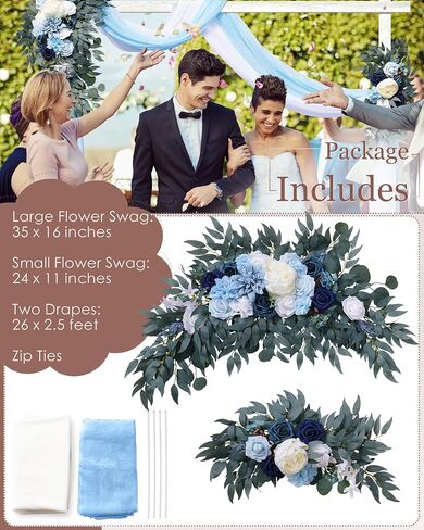 Wedding Arch Flowers Kit (Pack of 4), Flower Arrangement Kit Includes1 Large Flower Swag & 1 Small Flower Swag & 2 Sheer Drapes, Large Size Artificial Floral Swag for Wedding Ceremony, Blue in Saudi Arabia