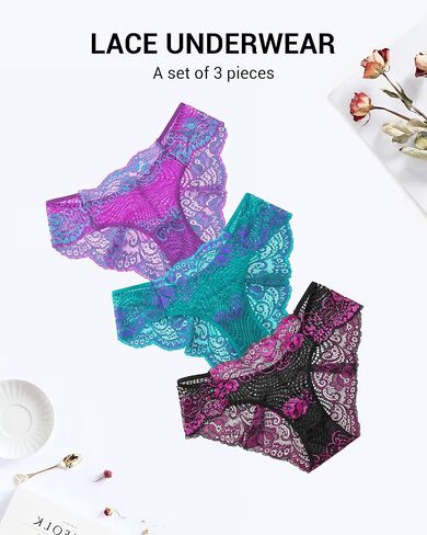 Lace Panties for Women Cheeky Low Rise Underwear with Wave Lace Trim, Sexy & Comfortable Hipster Panty 3 Pack in Saudi Arabia