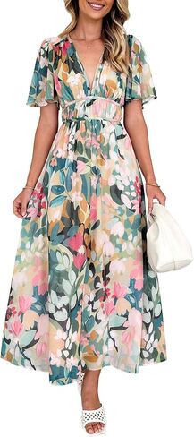Womens V Neck Flutter Sleeve Boho Midi Dress Summer Wedding Guest Beach Party Long Dresses in Saudi Arabia