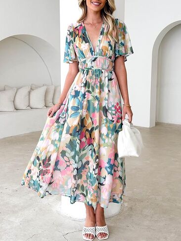 Womens V Neck Flutter Sleeve Boho Midi Dress Summer Wedding Guest Beach Party Long Dresses in Saudi Arabia