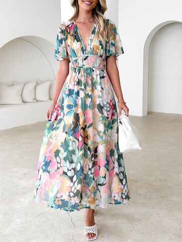 Womens V Neck Flutter Sleeve Boho Midi Dress Summer Wedding Guest Beach Party Long Dresses in Saudi Arabia