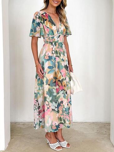 Womens V Neck Flutter Sleeve Boho Midi Dress Summer Wedding Guest Beach Party Long Dresses in Saudi Arabia