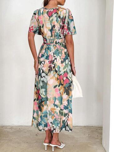 Womens V Neck Flutter Sleeve Boho Midi Dress Summer Wedding Guest Beach Party Long Dresses in Saudi Arabia