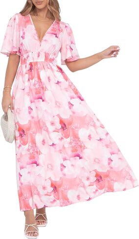 Womens V Neck Flutter Sleeve Boho Midi Dress Summer Wedding Guest Beach Party Long Dresses in Saudi Arabia
