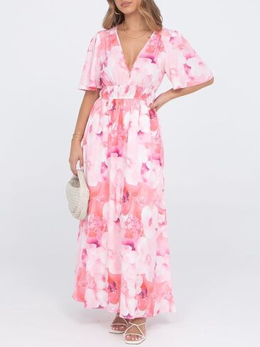 Womens V Neck Flutter Sleeve Boho Midi Dress Summer Wedding Guest Beach Party Long Dresses in Saudi Arabia