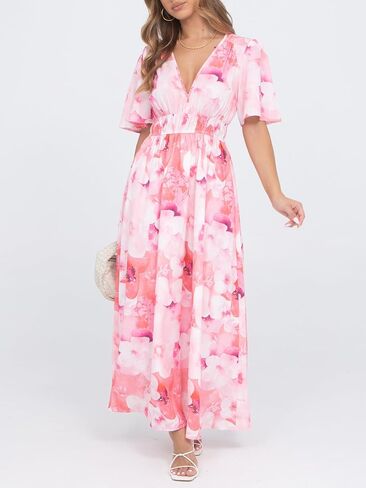 Womens V Neck Flutter Sleeve Boho Midi Dress Summer Wedding Guest Beach Party Long Dresses in Saudi Arabia