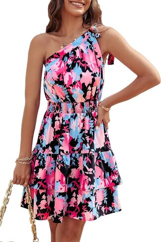 PRETTYGARDEN Women's Summer Tie One Shoulder Boho Floral Dress Elastic Waist Tiered Ruffle A Line Flowy Mini Dresses in Saudi Arabia