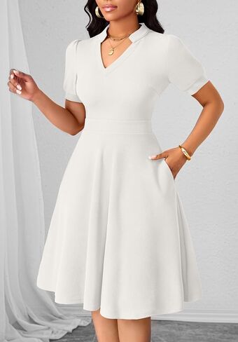 Womens Casual Summer Dresses Short Puff Sleeve V Neck A Line Wedding Guest Midi Dresses with Pockets in Saudi Arabia