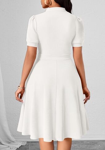 Womens Casual Summer Dresses Short Puff Sleeve V Neck A Line Wedding Guest Midi Dresses with Pockets in Saudi Arabia