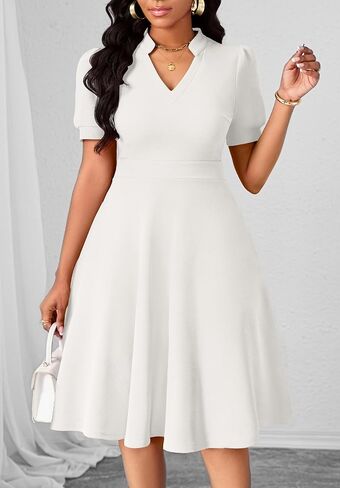 Womens Casual Summer Dresses Short Puff Sleeve V Neck A Line Wedding Guest Midi Dresses with Pockets in Saudi Arabia