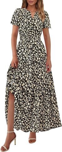 PRETTYGARDEN Women's 2025 Summer Boho Maxi Dresses Floral Short Sleeve V Neck A Line Tiered Flowy Long Beach Vacation Dress in Saudi Arabia