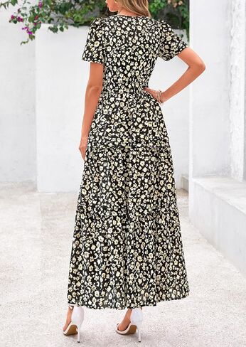 PRETTYGARDEN Women's 2025 Summer Boho Maxi Dresses Floral Short Sleeve V Neck A Line Tiered Flowy Long Beach Vacation Dress in Saudi Arabia
