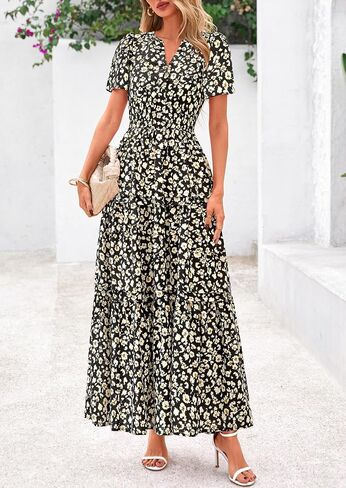 PRETTYGARDEN Women's 2025 Summer Boho Maxi Dresses Floral Short Sleeve V Neck A Line Tiered Flowy Long Beach Vacation Dress in Saudi Arabia