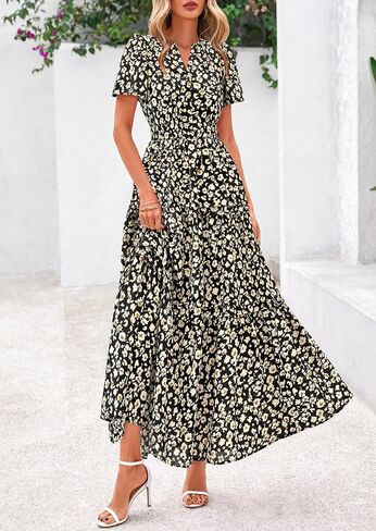 PRETTYGARDEN Women's 2025 Summer Boho Maxi Dresses Floral Short Sleeve V Neck A Line Tiered Flowy Long Beach Vacation Dress in Saudi Arabia