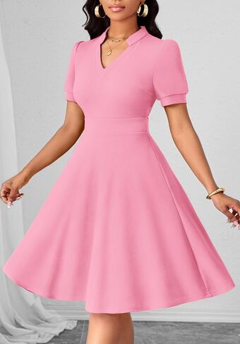 Womens Casual Summer Dresses Short Puff Sleeve V Neck A Line Wedding Guest Midi Dresses with Pockets in Saudi Arabia