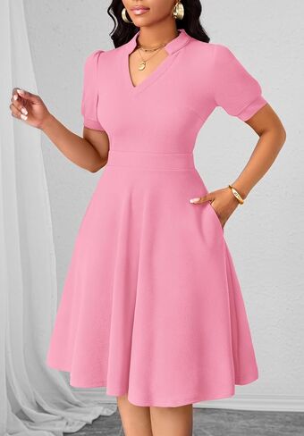 Womens Casual Summer Dresses Short Puff Sleeve V Neck A Line Wedding Guest Midi Dresses with Pockets in Saudi Arabia