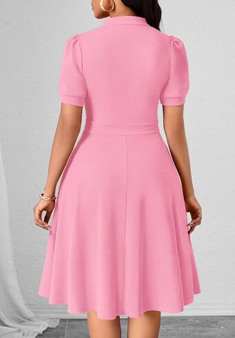Womens Casual Summer Dresses Short Puff Sleeve V Neck A Line Wedding Guest Midi Dresses with Pockets in Saudi Arabia
