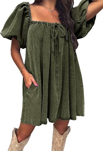 EXLURA Womens Summer Denim Short Puff Sleeve Dresses Knit Loose Plus Size Short Mini Dress 2025 Trendy Outfit in Saudi Arabia