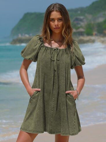 EXLURA Womens Summer Denim Short Puff Sleeve Dresses Knit Loose Plus Size Short Mini Dress 2025 Trendy Outfit in Saudi Arabia