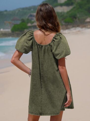 EXLURA Womens Summer Denim Short Puff Sleeve Dresses Knit Loose Plus Size Short Mini Dress 2025 Trendy Outfit in Saudi Arabia