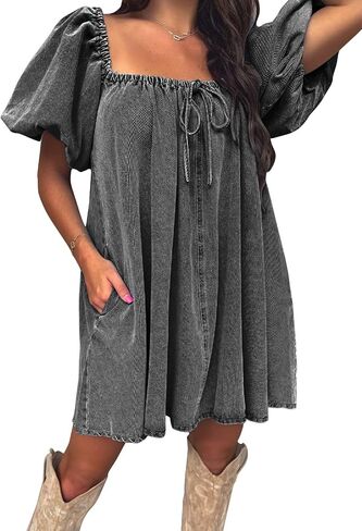 EXLURA Womens Summer Denim Short Puff Sleeve Dresses Knit Loose Plus Size Short Mini Dress 2025 Trendy Outfit in Saudi Arabia