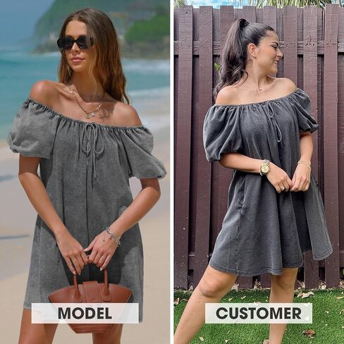 EXLURA Womens Summer Denim Short Puff Sleeve Dresses Knit Loose Plus Size Short Mini Dress 2025 Trendy Outfit in Saudi Arabia