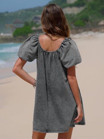 EXLURA Womens Summer Denim Short Puff Sleeve Dresses Knit Loose Plus Size Short Mini Dress 2025 Trendy Outfit in Saudi Arabia