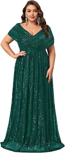 Women's Plus Size V Neck Sequin Formal Maxi Dress A-Line Prom Evening Party Gowns in Saudi Arabia