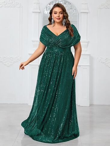 Women's Plus Size V Neck Sequin Formal Maxi Dress A-Line Prom Evening Party Gowns in Saudi Arabia