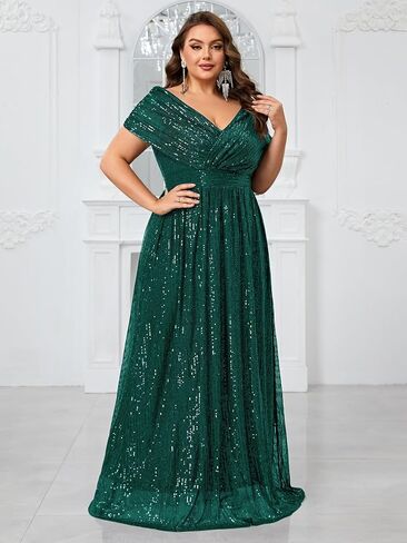 Women's Plus Size V Neck Sequin Formal Maxi Dress A-Line Prom Evening Party Gowns in Saudi Arabia